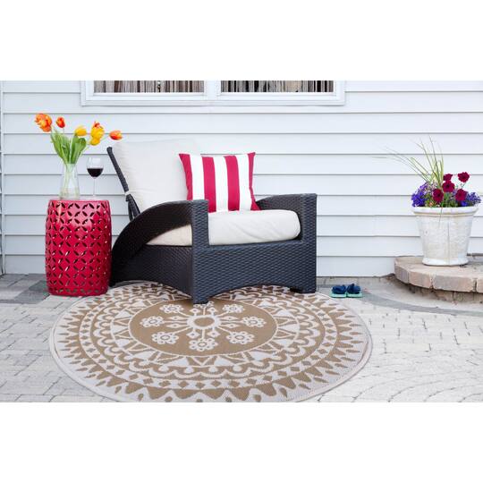 DII® Round Taupe Floral Outdoor Rug, 5ft.